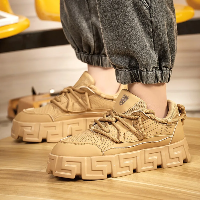 New Fashion Mens Thick Sole Platform Sneakers Breathable Leather Lightweight Low Top Dad Shoes Casual Sports Walking Shoes