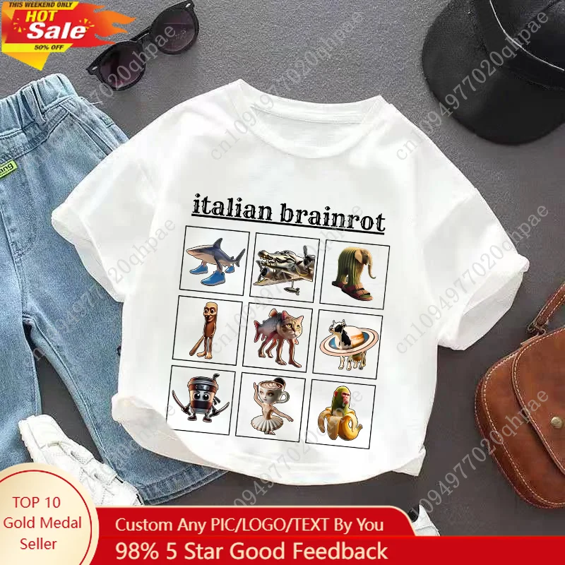 

Italian Brainrot Cotton Child Boy Girl T Shirts New Summer Short Sleeve Tung TungTung Sahur Tee Cute Style White Solid Color Top