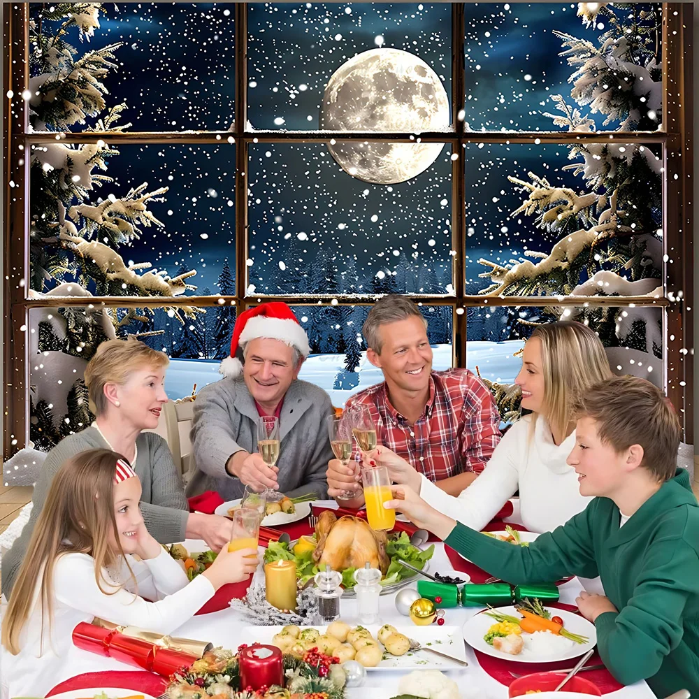 Merry Christmas Photography Background Santa Fireplace Winter Snow Christmas Tree Curtains Moon Xmas Eve NewYear Decoration Prop