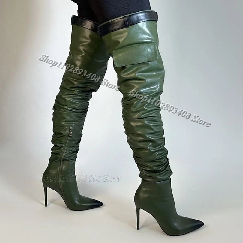 Green Pleated Belt Buckle Decor Boots Stiletto Heels British Style Women Comfortable Over Knee Boots 2024 Zapatos Para Mujere