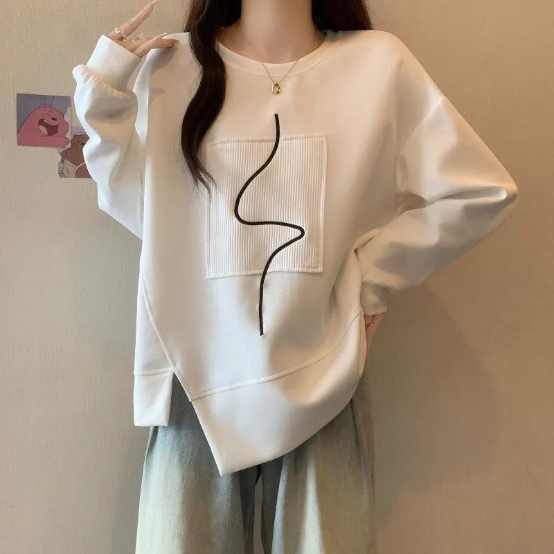 Women's Irregular Hoodie Crew Neck Minimalist Pattern Hoodless Sweatshirt Casual Comfortable Famale Long Sleeved Top