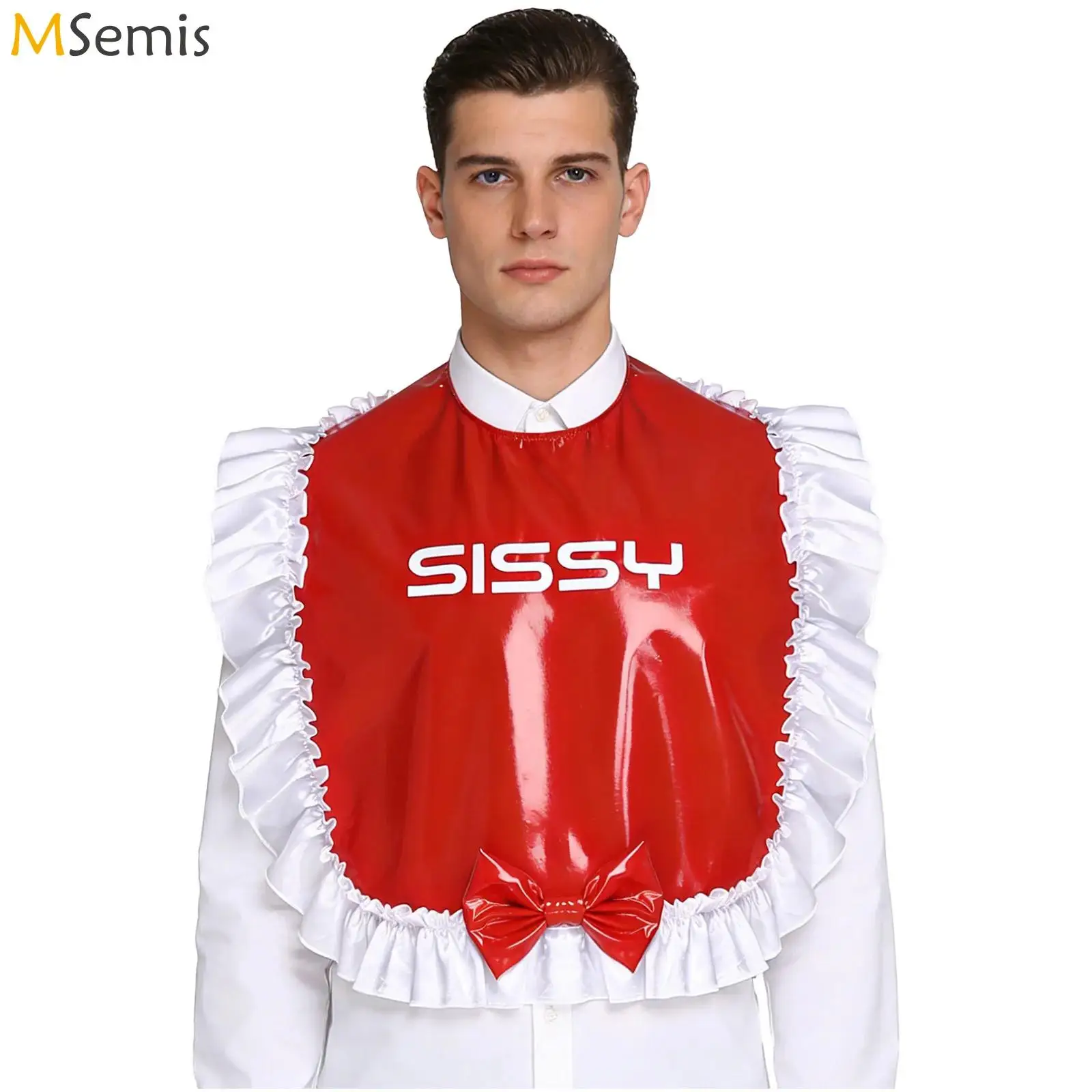 

Мужской блестящий комбинезон-боди из искусственной кожи с атласной отделкой, принтом-надписью и бантом, на пуговицах, для ролевых игр