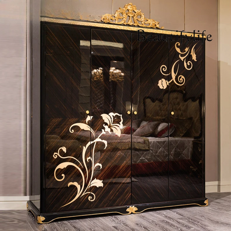 Furniture European wardrobe shell inlaid bedroom locker luxury European solid wood four-door large wardrobe