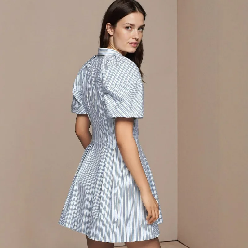Amazon zacht reversoverhemd, gestreepte minirok met enkele rij knopen, zomer Europese stijl, elegante grensoverschrijdende dameskleding