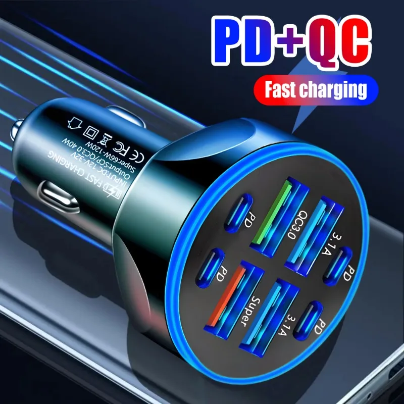 8 in 1 Digital Display Car Charger 4USB+4PD Support Super Fast Charging DC12-24V Multi Port Digital Display Mobile Phone Charger