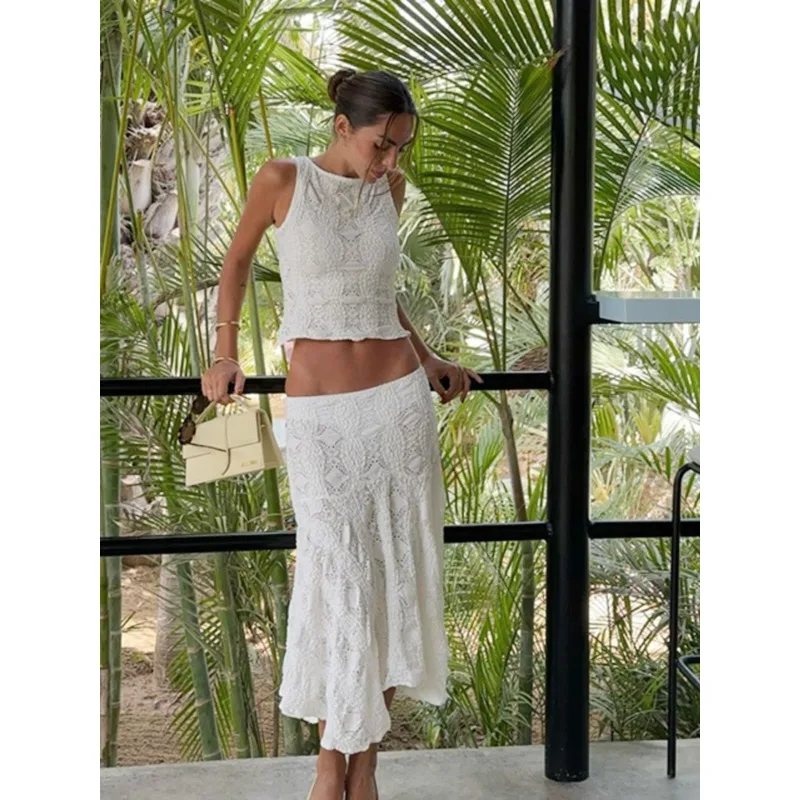 Conjunto de Dos Piezas de Crochet Blanco para Mujer, Top Corto sin Mangas y Falda Midi, Estilo Boho para Vacaciones en la Playa