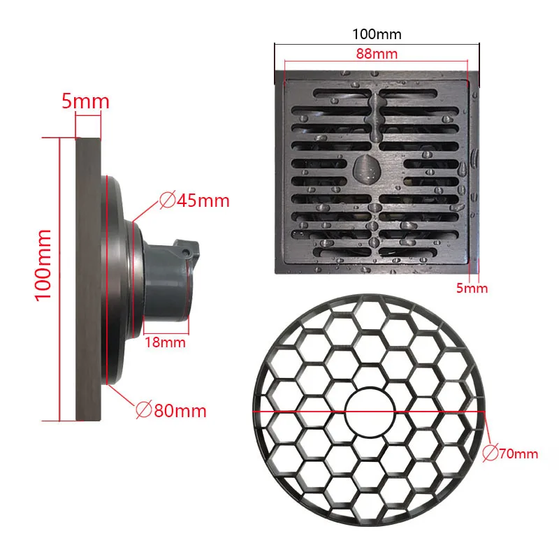 Bathroom Shower Drain SUS 304 Stainless Steel Square Filter Floor Drain Household 10*10cm Gray Deodorant Floor Drain Accessories