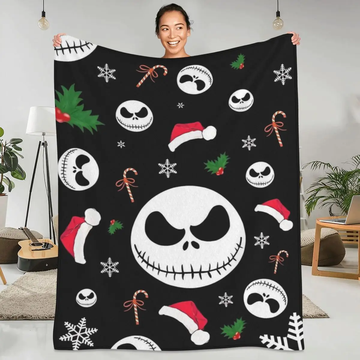 The Nightmare Before Christmas Flannel Blanket Jack and Sally Xmas Film Warm Soft Throw Blanket for Travel Bedspread Bed Cover