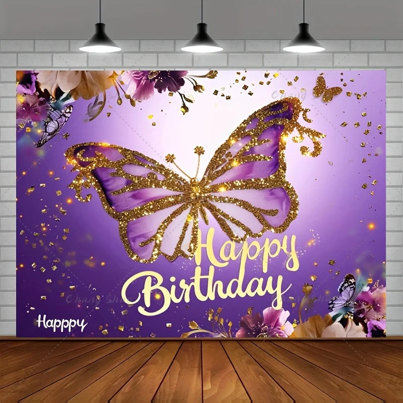 Dreamy Butterfly Theme Photography Child Birthday Party Baby Shower Purple Flowers Banner Background Decoration Photo Studio