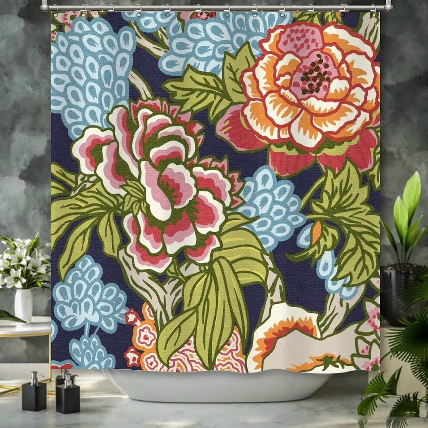 

Комплекты штор для душа 72 дюйма - Штора для душа для ванной комнаты - Сине-зеленые шторы для душа в стиле шинуазри с цветочным узором и отверстиями - Кантри-стиль