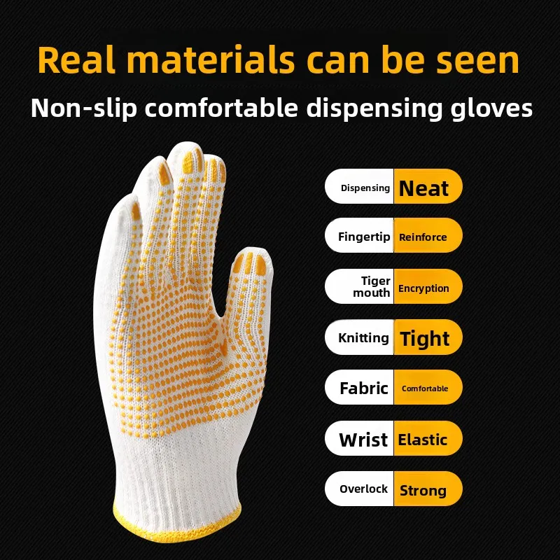 12 pares de luvas de proteção do trabalho fio de algodão engrossado antiderrapante trabalho de construção masculino fio de algodão resistente ao desgaste do trabalho