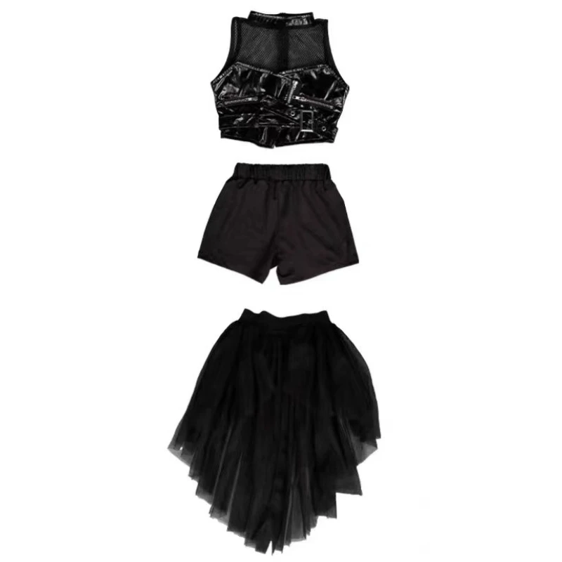 Costume da ballo di strada per bambini Abito da spettacolo Garza nera Set in pelle lucida Pista di modello jazz per ragazza stile hip-hop alla moda
