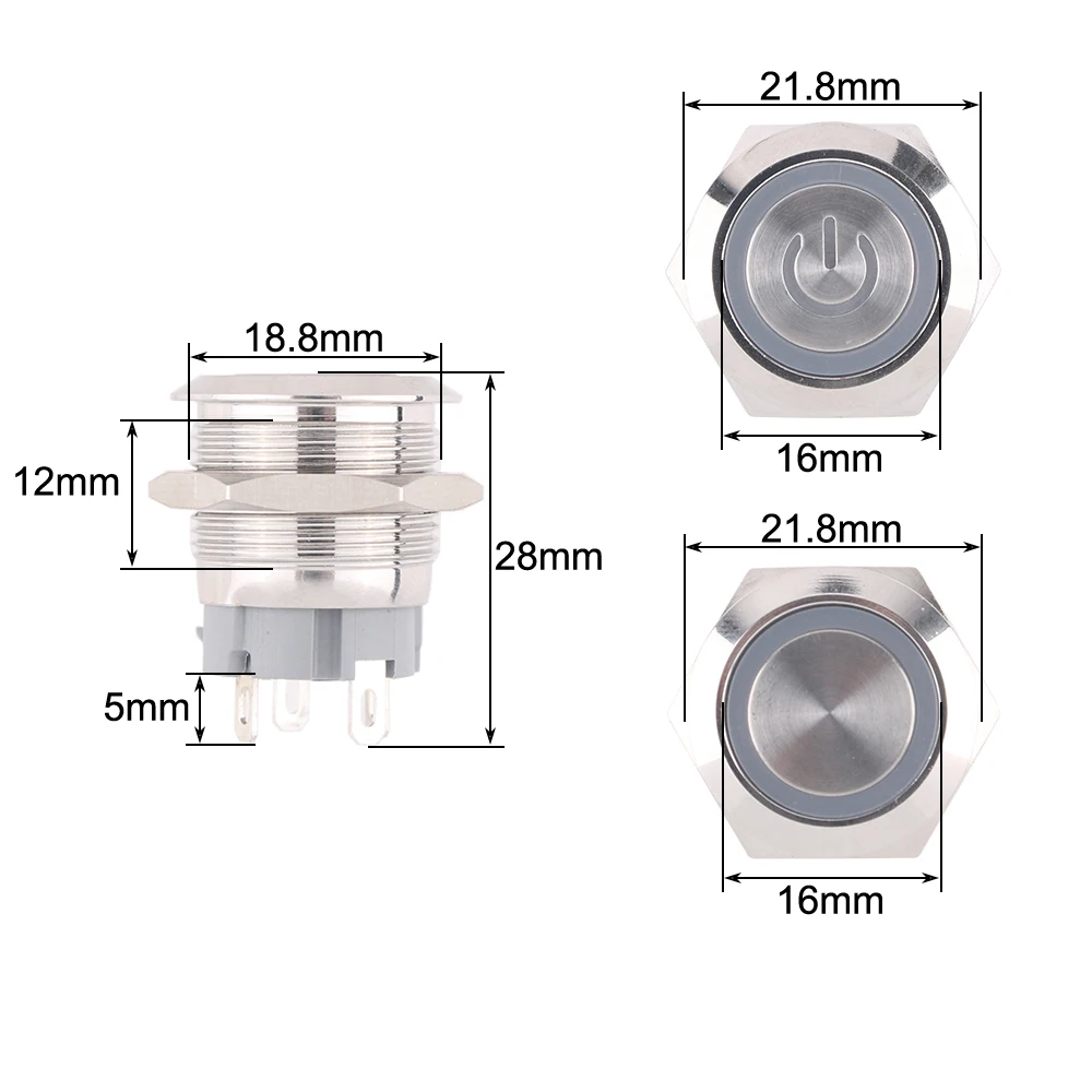 25PCS 22mm Waterproof Metal Push button Switches With LED Light Flat Head 19mm Momentary Reset or Latching With Fixing 4Pins 12V