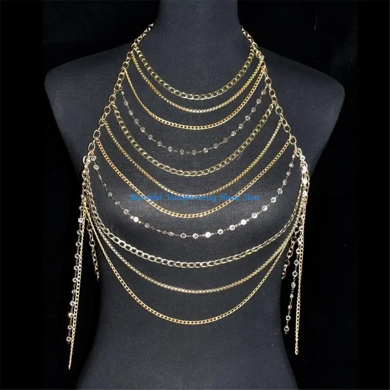 

E56A Women Layered Crystal Body Chain Necklace Harness Adjustable Body Jewelry Halterneck Crop Top for Wedding Party