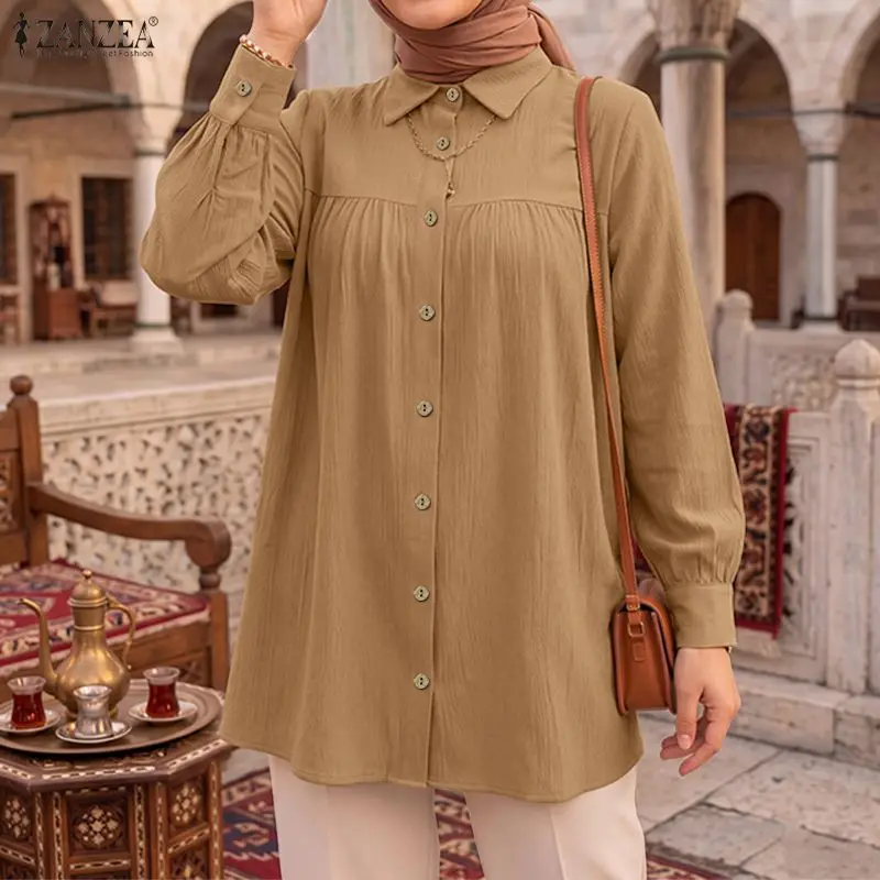 ZANZEA Fashion Women Shirt Autumn Lapel Neck Long Sleeve Tops Casual Solid Color Buttons Up Baggy Work Wear Muslim Blouse Mujer