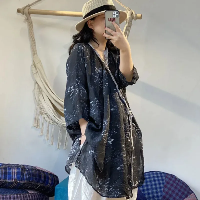 

Women's Floral Print V Neck Kimono Style Blouse 3/4 Sleeve Loose Casual Tie Front Top