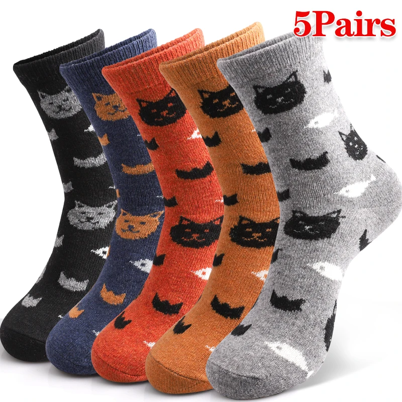 

5 Pairs Women's Cartoon Cat Pattern Crew Socks Cute Animal Novelty Knit Mid-Calf Socks for Home Comfort Winter Thick Socks Gift
