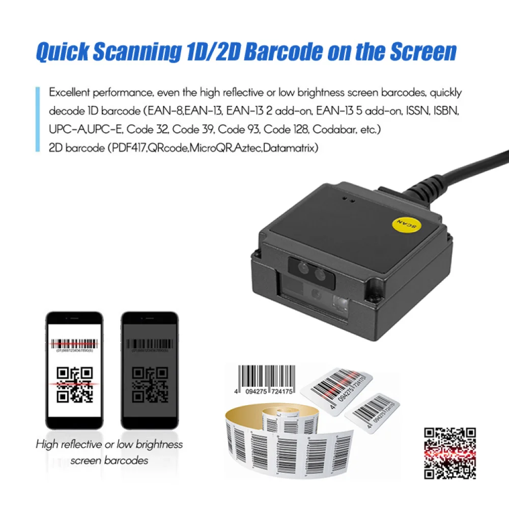 Встроенный сканер штрих-кода USB1D/2D QR PDF417 с автоматическим запуском, фиксированный, высокоточный TTL RS232, считыватель кодов торгового автомата