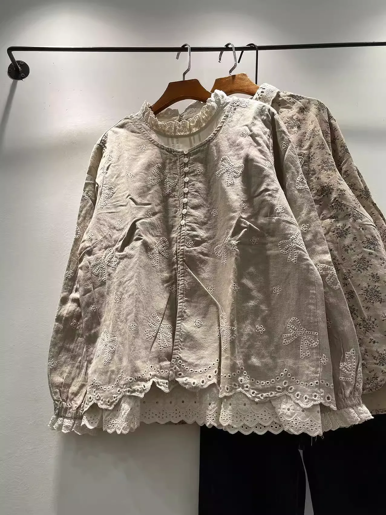 

Enianechu Mori Girl Style Autumn Stand Collar Bow Embroidered Lace Patchwork Shirts Vintage Pure Cotton Long Sleeve Blouses