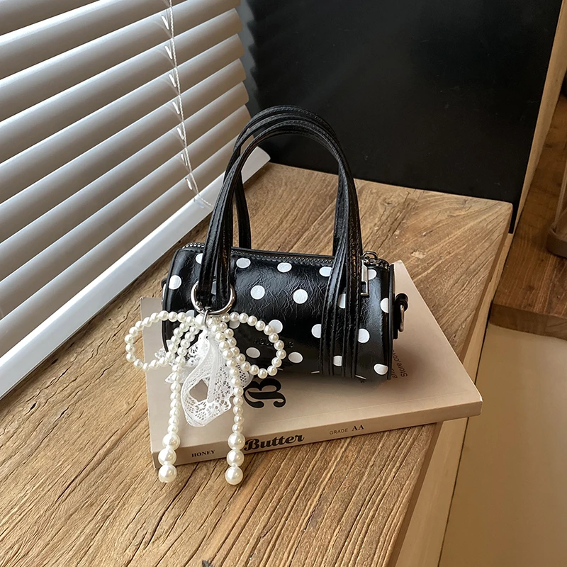 2026 New Mini Polka Dot Cylinder Handbag Women Lace Bow Small Crossbody Bag Removable Strap Cute Daily Shoulder Purse for Girls
