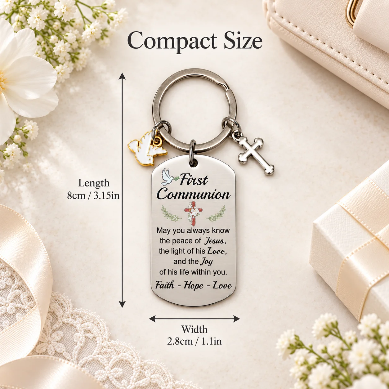 First Communion Stainless Steel Keychain Dove Cross Pendant Bag Charm for Purse Backpack Religious Gift