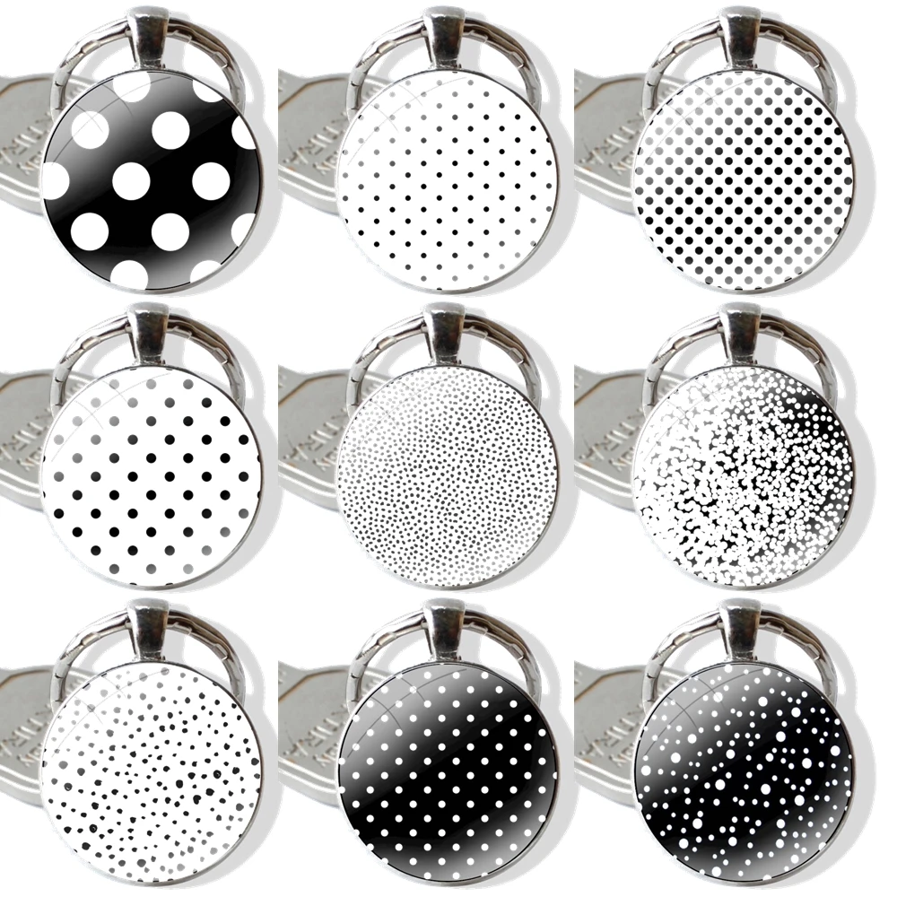 Keychain Handmade Glass Cabochon Key Ring Holder Pendant Key Chains Black And White Polka Dot