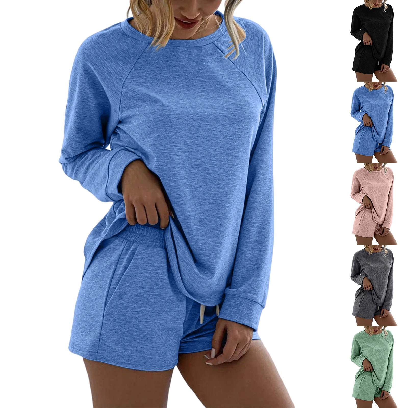 

Women's Solid Color Loungewear Two-Piece Round Neck Long Sleeve Shorts Home Sports Suit Pajamas Shorts Suit For Ladies