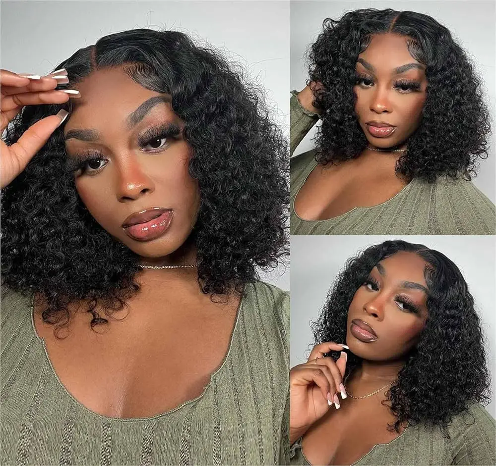 

100% Virgin Brazilian Human Hair Deep Wave Curly 5x5 Swiss Lace Closure Short Wig for Black Women