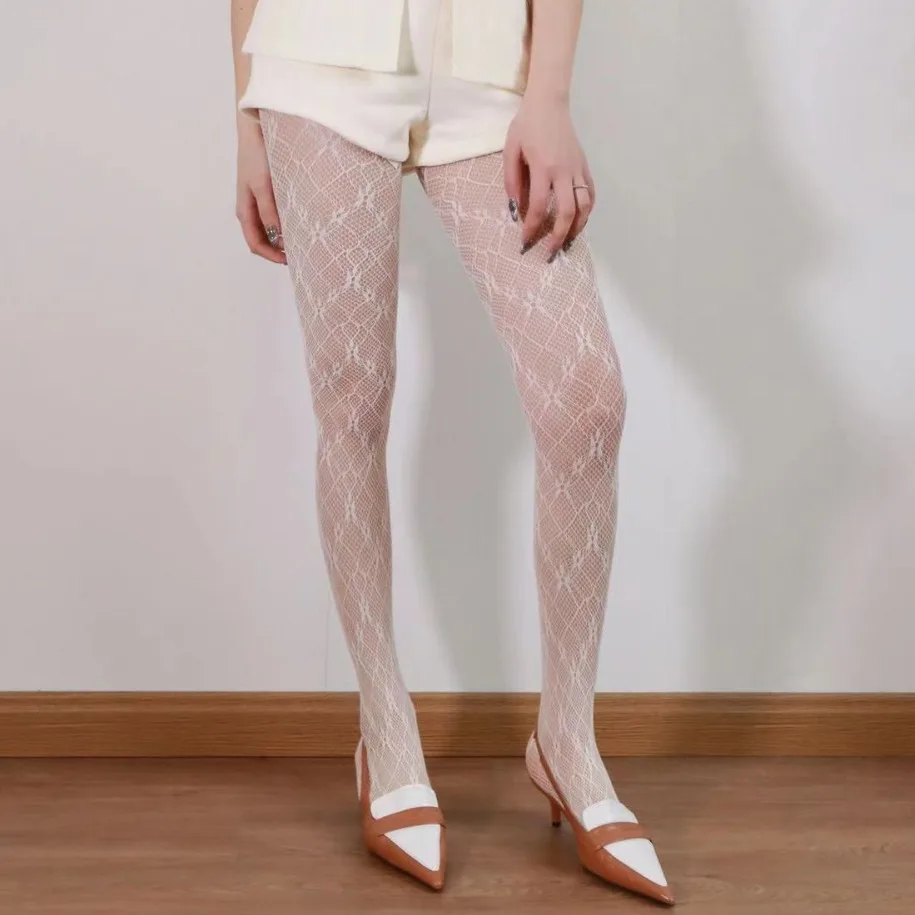 Retro Cross Grid Little Floral Jacquard Women's Pantyhose Hollowed Out Small Mesh Hottie Sexy White Spring Summer Tights