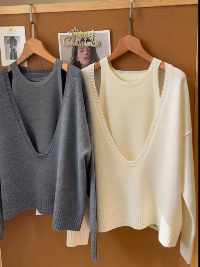 Korean Chic Knitwear Top Two Piece Sets Casual V-neck Long Sleeve Pullover Sweaters O-neck Sleeveless Tank Vests Women Suit