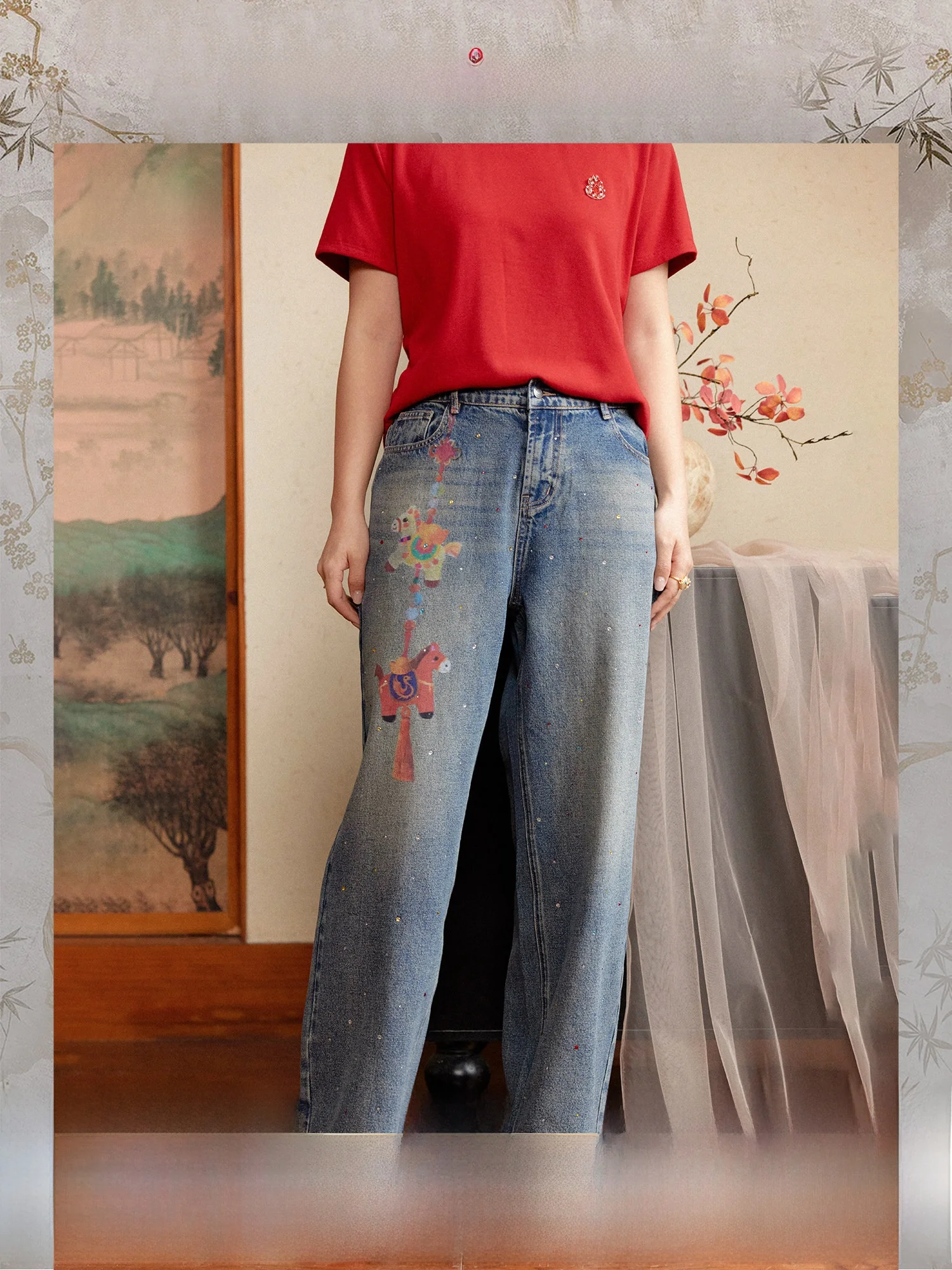 

Plusmall Retro Waed Embroidery Rhinestone Straight Leg Jeans Ladies Straight Fit Denim Pants Spring Season Faion