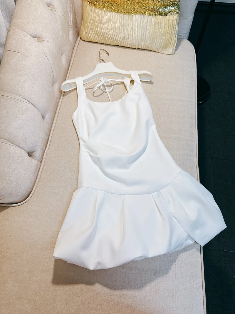 

Ele Miu Series Strap Vest Bouffant Dr Skirt Gored A-Line Silhouette High Waist Polied Polyester Fiber Low Stretch