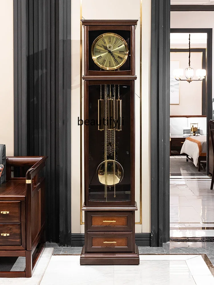 

New Chinese Retro the Grandfather Clock Living Room European Mechanical American Solid Wood Vertical Large Pendulum Clock