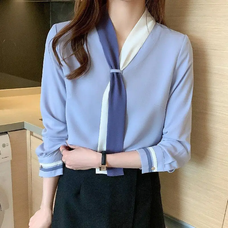 Professional Retro Suit Collar Lace Up Chiffon Shirt for Women\'s Spring Autumn Long Sleeve Western Style Temperament Loose Top