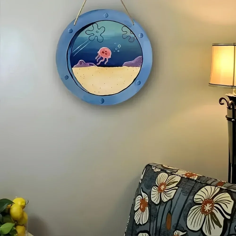 Nautical Ship Porthole Wooden Hanging Sign Underwater Jellyfish Pattern Wall Decor Vintage Ocean Style Wood Plaque Wall Art Gift For Home Bedroom Bathroom Seaside Themed Decor