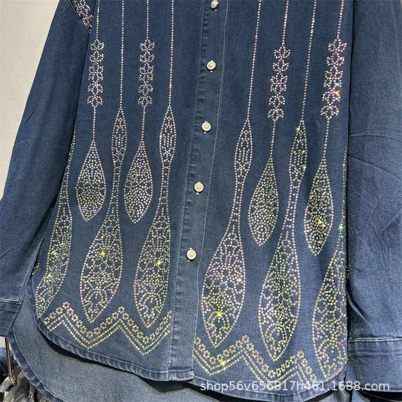 أطقم الدنيم النسائية العصرية الفاخرة الماس فضفاضة طويلة الأكمام بالأزرار معطف + مرونة الخصر عادية واسعة الساق السراويل المستقيمة