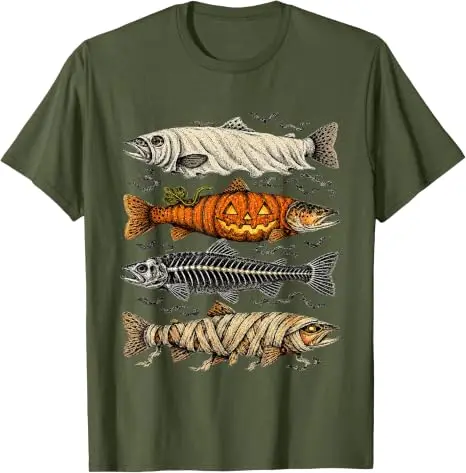 Halloween-Forellen-Fisch-Geister-Kürbis-Skelett-Mumien-T-Shirt Gruseliges Angeln Halloween-Kostüm Y2k Horror-Fischerkleidung – Detail 11