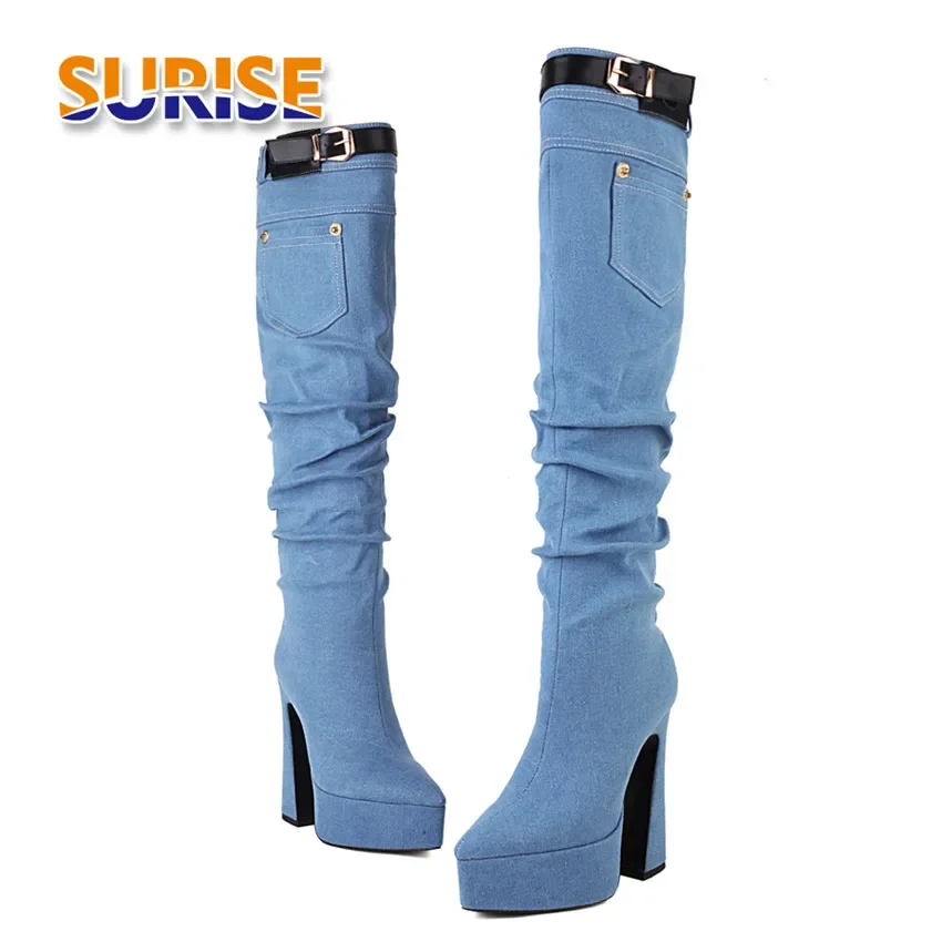 Winter Women Over Knee Boots Blue Jean Denim High Chunky Heels Pointed Toe Party Punk Lady Buckle Thigh-high Long Platform Boots