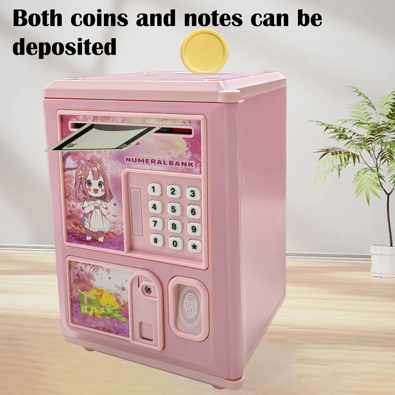 Piggy Bank Cash Register Children's Cartoon Simulation Password Fingerprint Automatic Roll Moneybox Toy for Boys Girls Gifts