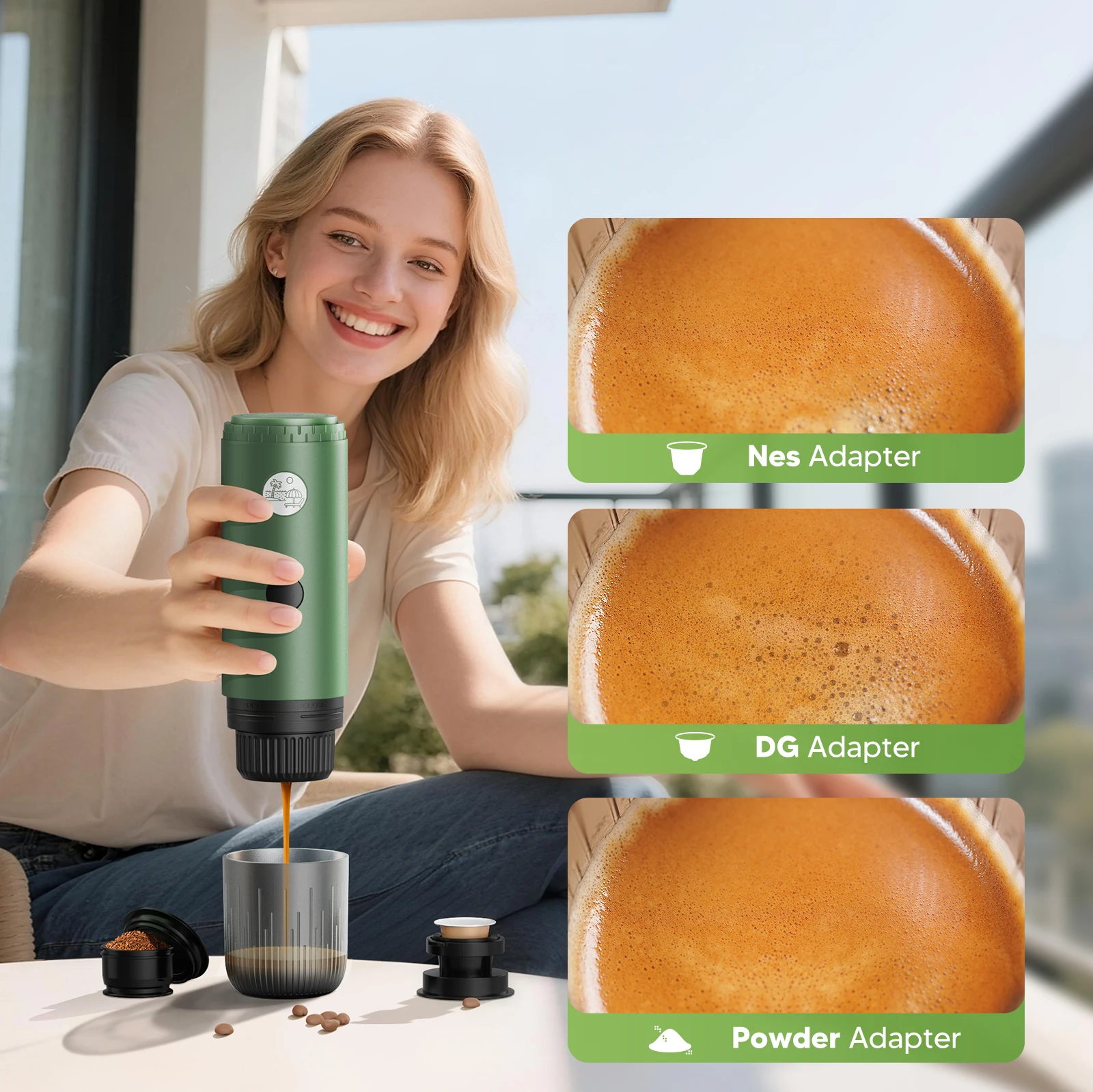 Portable Electric Espresso Machine Travel Coffee Maker 3-in-1  For Camping Self- Heating fit for Ground Coffee & DG,NES capsules