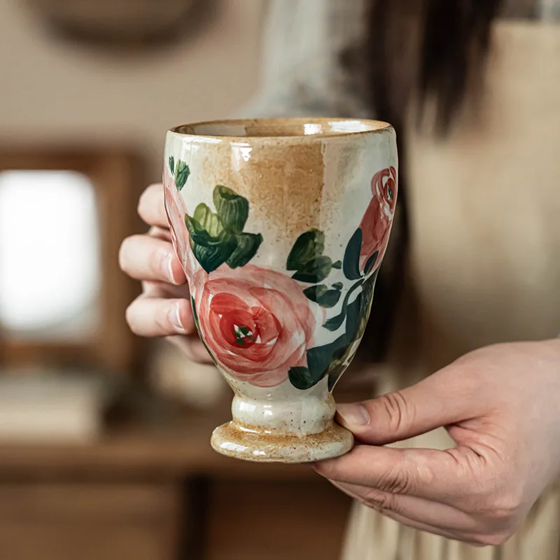 

1pc Hand Drawn Rough Pottery Handleless Cup Retro Japanese Ceramic High Footed Cup Home Restaurant Tea Cup