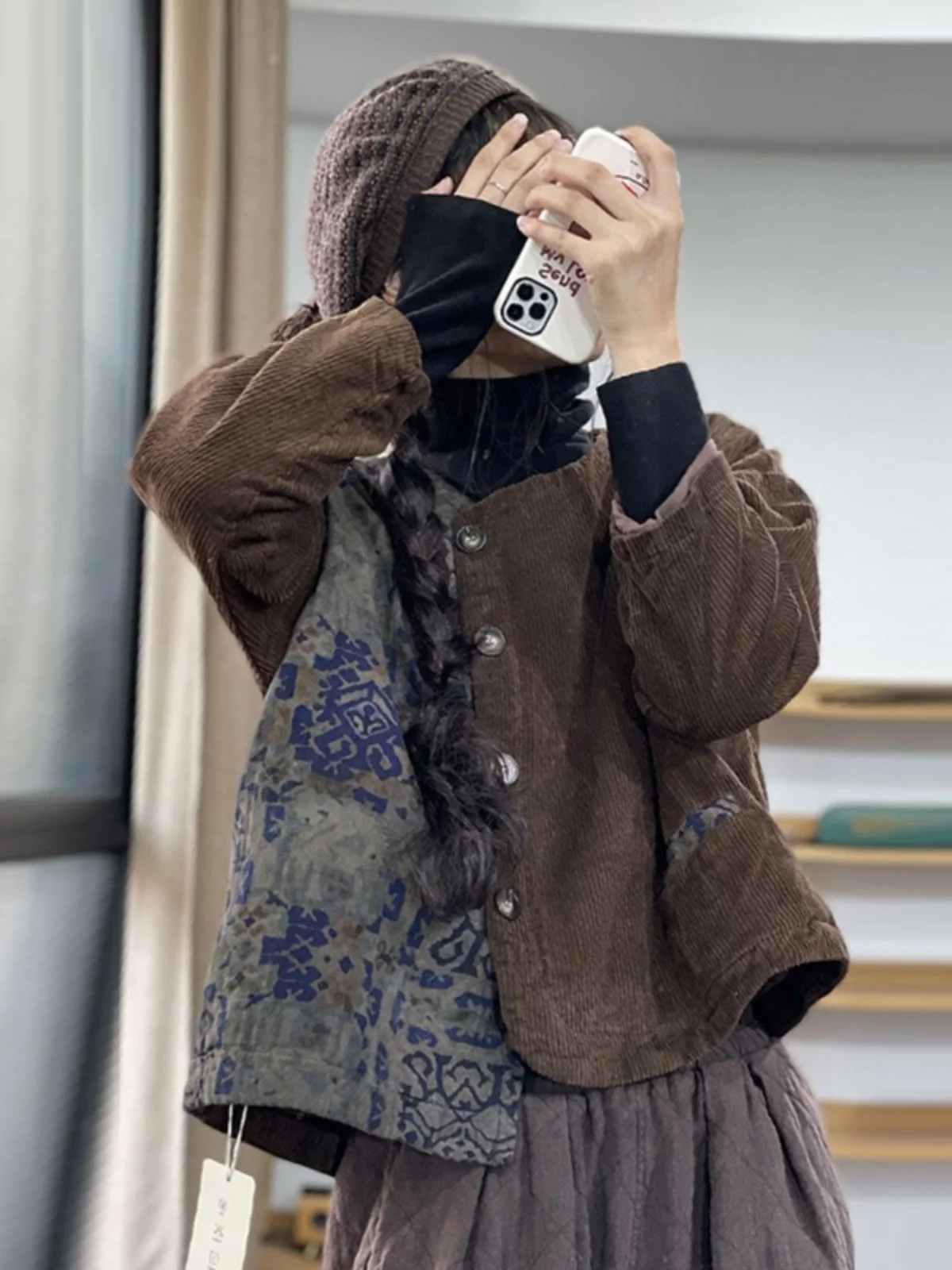 Corduroy ort Cotton Jaet Women's Ethnic Sle Color Blo Print Asymmetrical Cotton Clothes Warmth Faionable Winter Coat