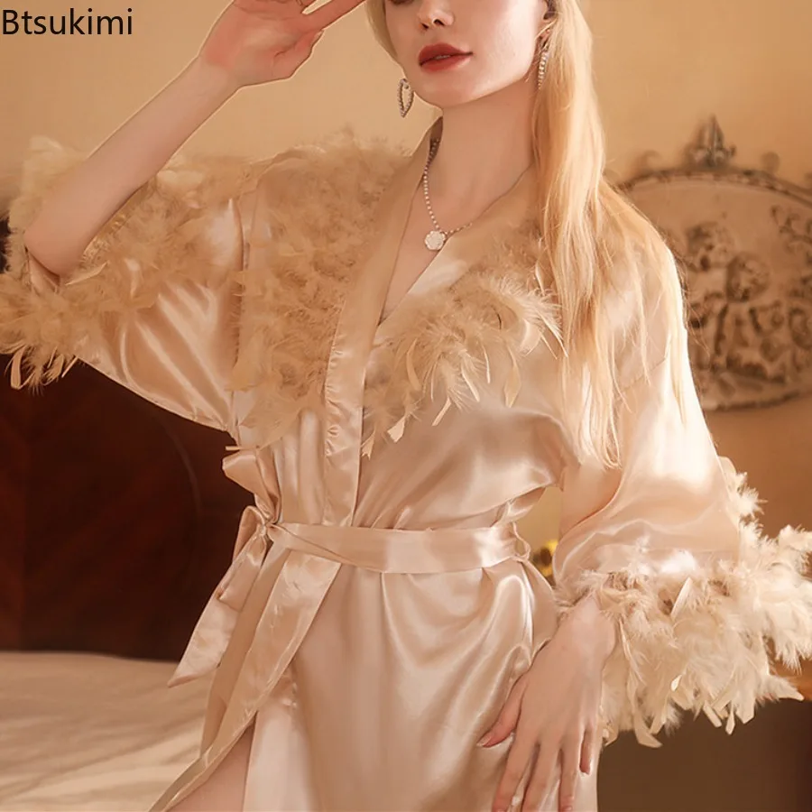 New 2025 Women's Morning Robe Bridesmaid Bathrobe with Feather Nightgown for Wedding Makeup Bridesmaid Group Kimono Bride Robes
