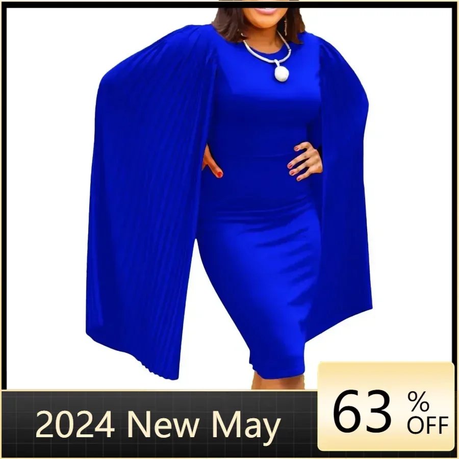 

Customized Africa Clothing Polyester African Bodycon Dresses for Women Summer Fashion Pleat Sleeve O-neck Party Evening Midi Dre