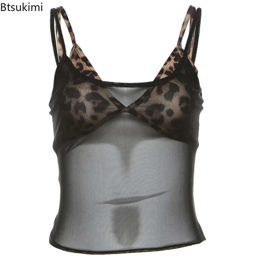 

2025 Women Sleeveless Strap Camis +Leopard Print Bra 2 Piece Set Sexy Mesh See Through Crop Tops Summer Fashionable Streetwear