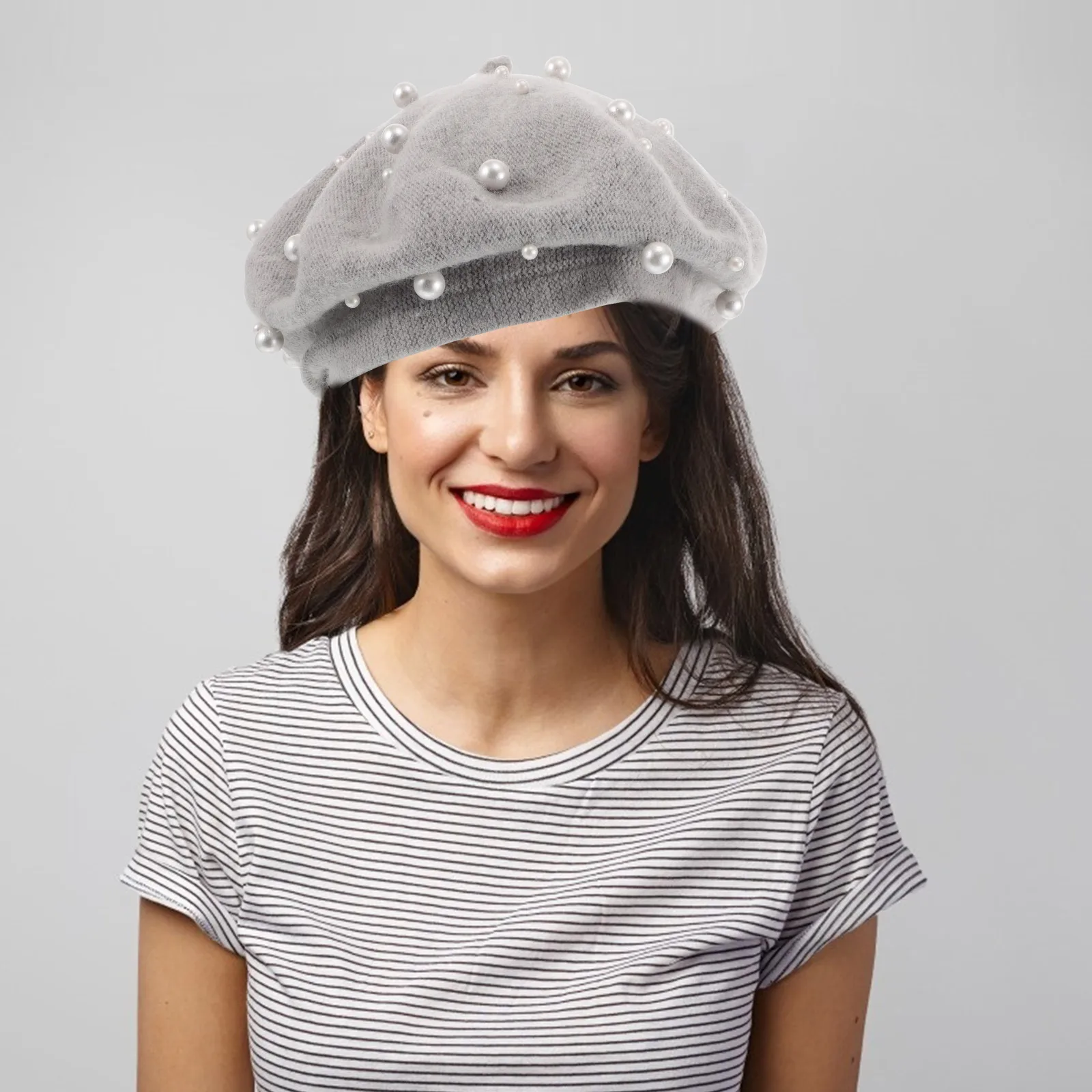 

Pearl Beret Tartan Vintage Adjustable Imitation Wool Hats for Women'S Berets Cold French Style Cap Winter Fashion