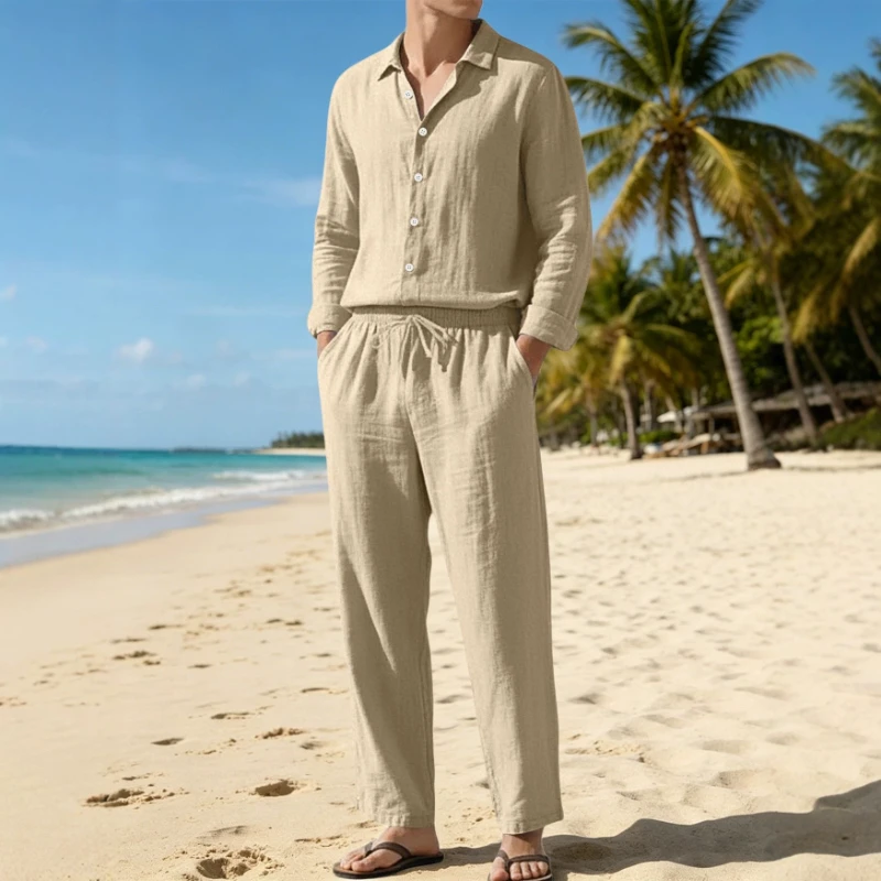 Collar Casual Loose Beach Sun Protection Long Sleeved Shirt Long Pants Set for Men