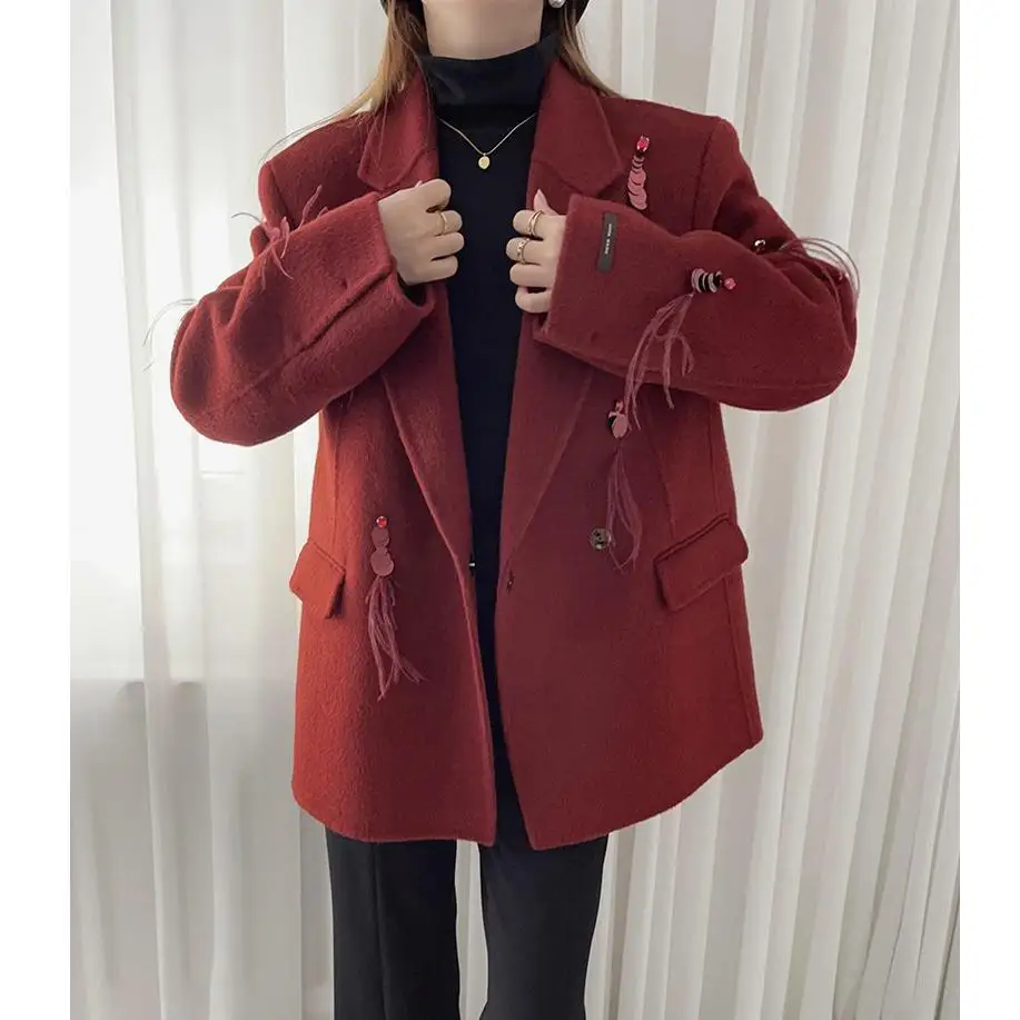  ort Double-Faced Woolen Camere Coat for Women with iny Feather Design Autumn Winter Thiened Suit Jaet