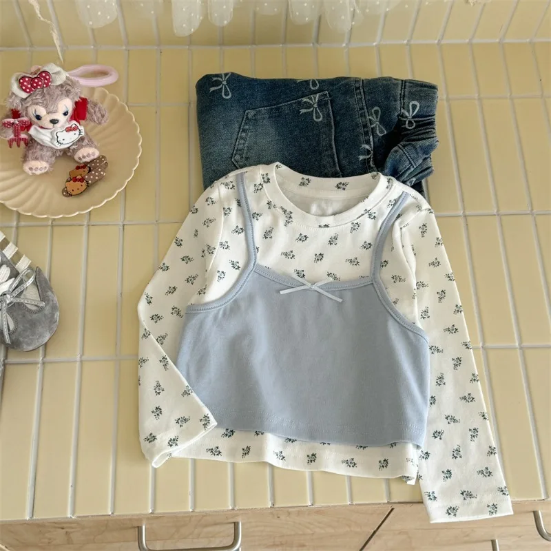 

Girls Base T-shirt 2025 Autumn Baby Fake Two Long Sleeved T-shirt Polka Dot Western-style Top Cute Daily Casual