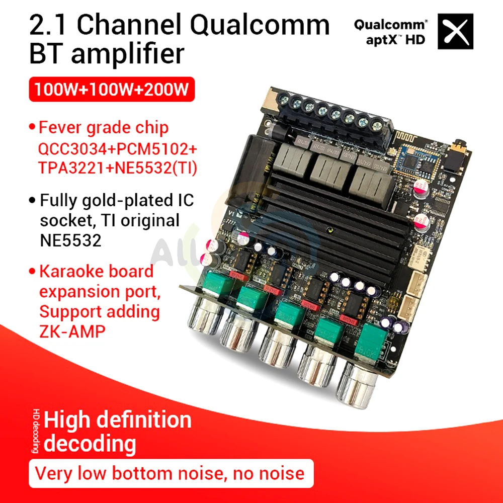 

ZK-APTX1 BT Digital Amplifier Board 2.1 Channel 100Wx2+200W Power Audio Stereo Bass AMP QCC3034 TPA3221